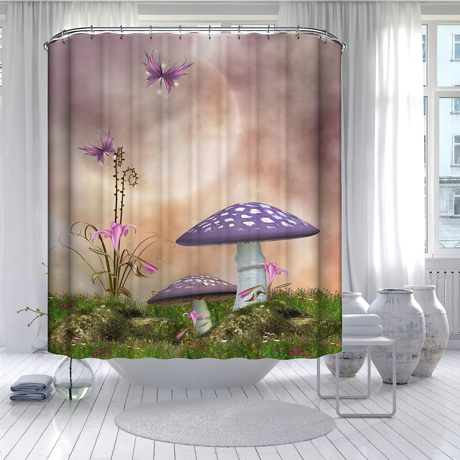 Fairy Purple Mushroom Shower Curtain, Waterproof Bathroom Decor