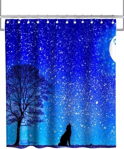 Fairy Starry Night Moon Wild Tree and Wolf Vintage Shower Curtain Waterproof Washable White and Black