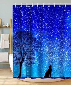 Fairy Starry Night Moon Wild Tree and Wolf Vintage Shower Curtain Waterproof Washable White and Black