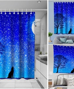 Fairy Starry Night Moon Wild Tree and Wolf Vintage Shower Curtain Waterproof Washable White and Black