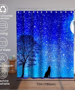 Fairy Starry Night Moon Wild Tree and Wolf Vintage Shower Curtain Waterproof Washable White and Black