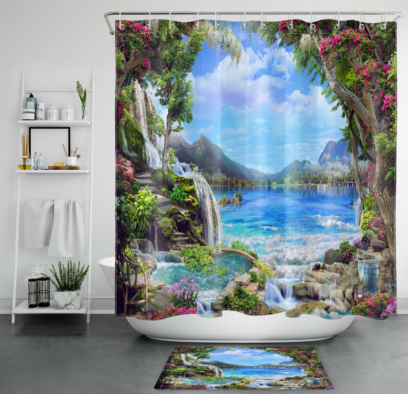 Fairy Tale Lake Mountain Waterfall Shower Curtain for Magical Bathroom Decor