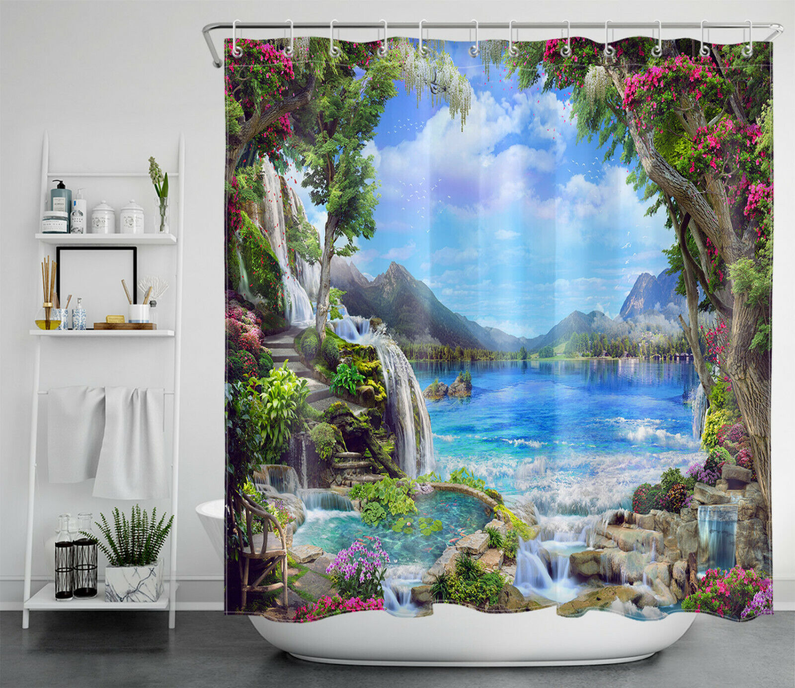 Fairy Tale Lake Mountain Waterfall Shower Curtain for Magical Bathroom Decor