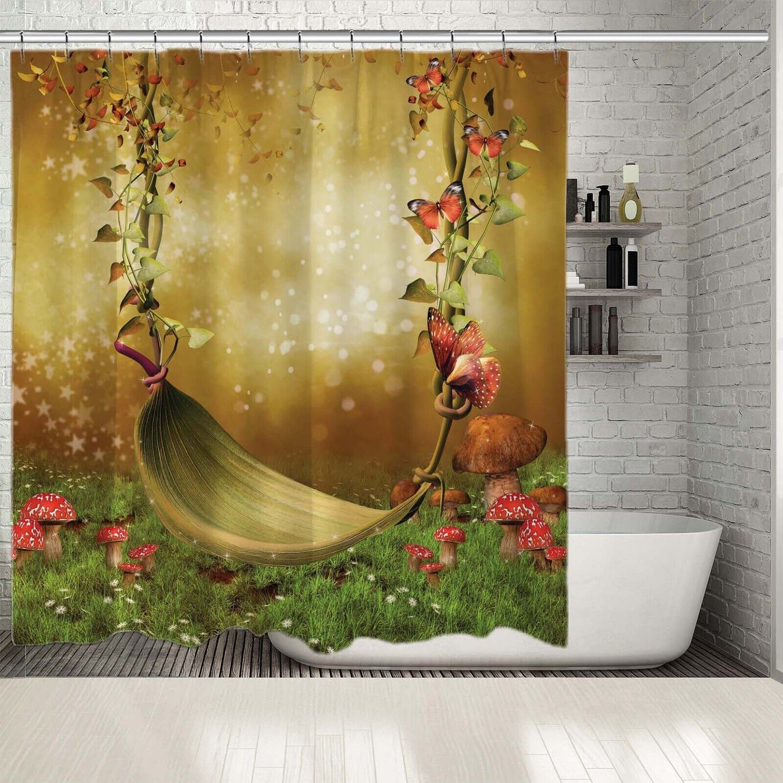 Fairytale Bathroom Shower Curtain - Immerse Yourself In The World Of Butterflies And Mushrooms