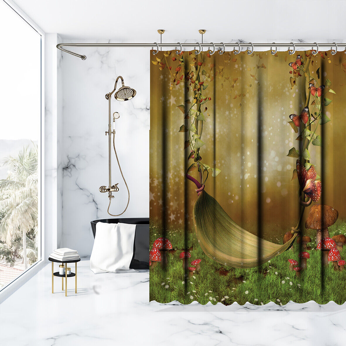 Fairytale Bathroom Shower Curtain - Immerse Yourself In The World Of Butterflies And Mushrooms