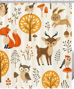 Fall Curtains with Fox, Owl, Deer, Rabbit and Bird Print Shower Curtain
