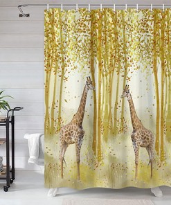 Fall Giraffe Shower Curtain, Birch Tree Forest Jungle Bathroom Decor - Wildlife, Natural Landscape Curtain