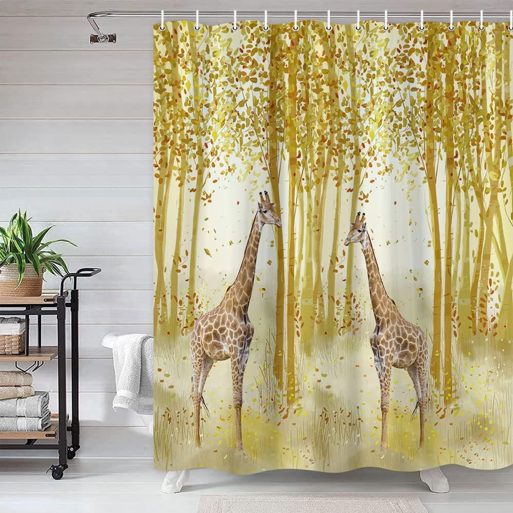 Fall Giraffe Shower Curtain, Birch Tree Forest Jungle Bathroom Decor - Wildlife, Natural Landscape Curtain