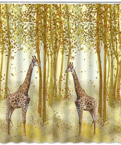 Fall Giraffe Shower Curtain, Birch Tree Forest Jungle Bathroom Decor - Wildlife, Natural Landscape Curtain