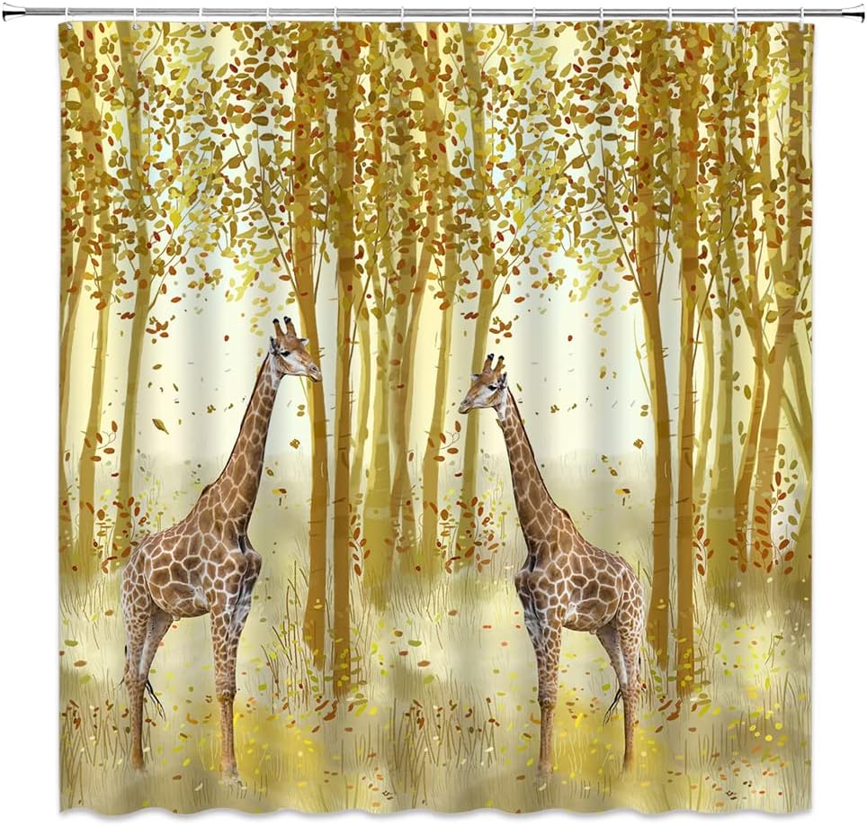 Fall Giraffe Shower Curtain, Birch Tree Forest Jungle Bathroom Decor - Wildlife, Natural Landscape Curtain