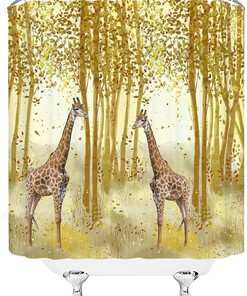 Fall Giraffe Shower Curtain, Birch Tree Forest Jungle Bathroom Decor - Wildlife, Natural Landscape Curtain