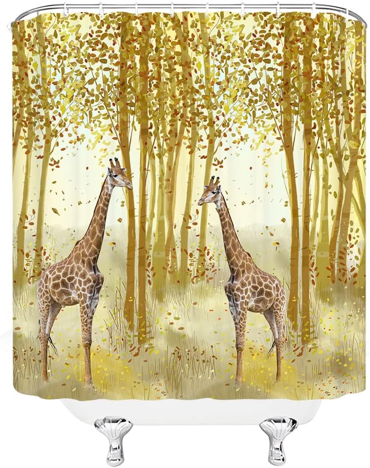 Fall Giraffe Shower Curtain, Birch Tree Forest Jungle Bathroom Decor - Wildlife, Natural Landscape Curtain