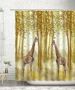 Fall Giraffe Shower Curtain, Birch Tree Forest Jungle Bathroom Decor - Wildlife, Natural Landscape Curtain