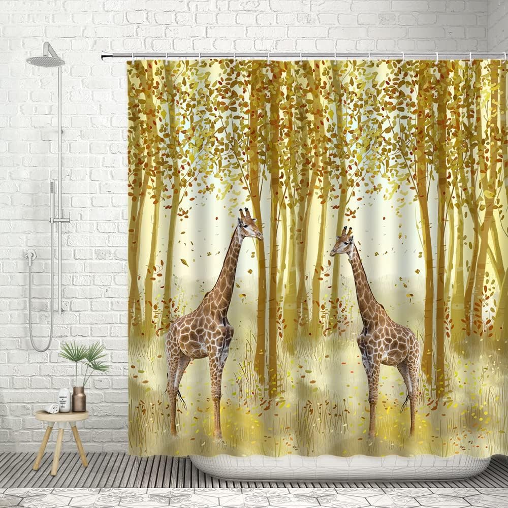 Fall Giraffe Shower Curtain, Birch Tree Forest Jungle Bathroom Decor - Wildlife, Natural Landscape Curtain