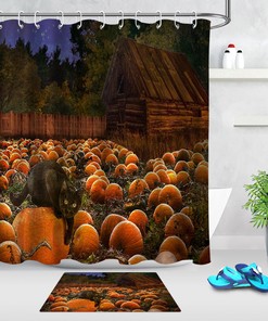 Fall Harvest Pumpkin Field Cat Wood Hut Fabric Shower Curtain - Add A Rustic Touch To Your Bathroom