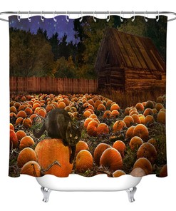 Fall Harvest Pumpkin Field Cat Wood Hut Fabric Shower Curtain - Add A Rustic Touch To Your Bathroom
