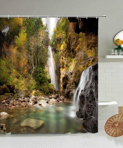 Fall In Love With The Beauty Of Nature With This Forest Waterfall Rock View Shower Curtain