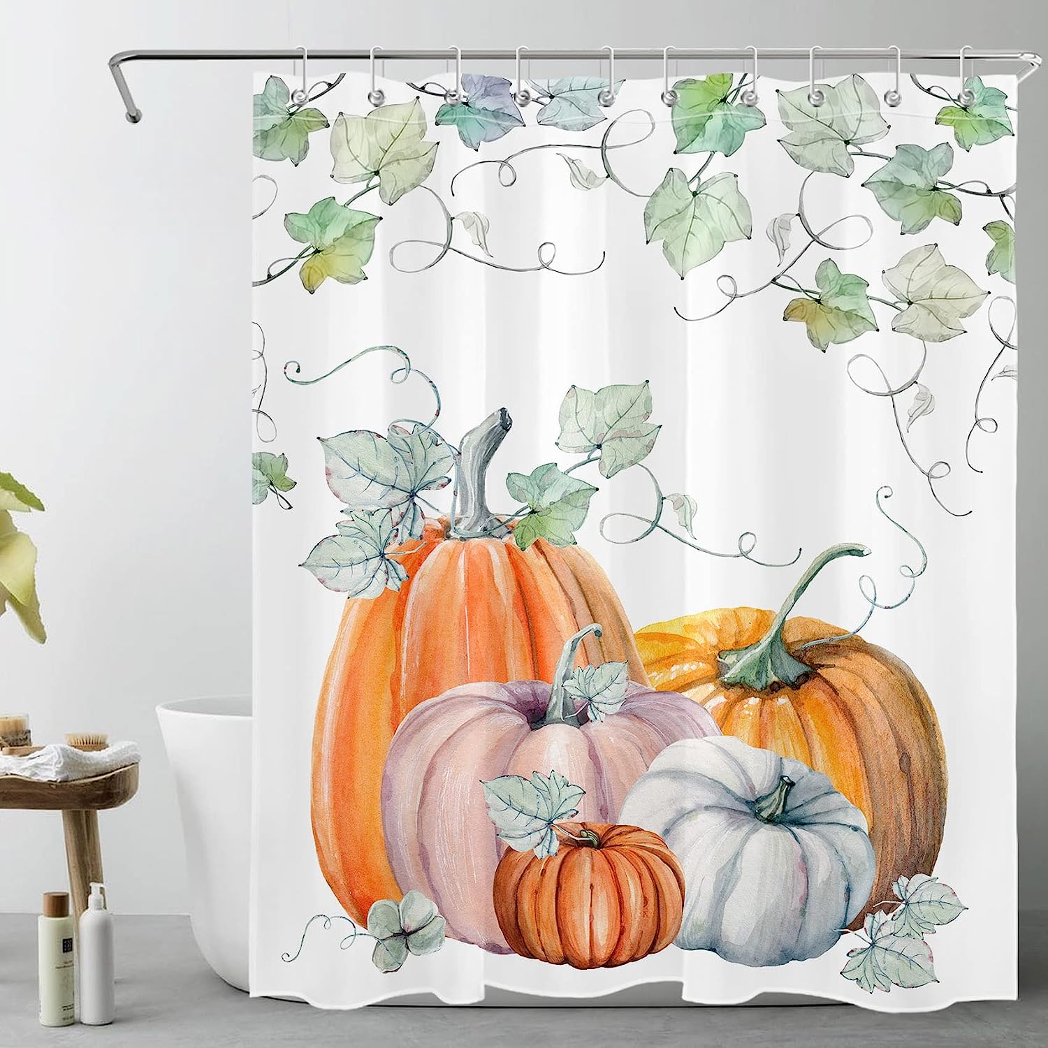Fall Pumpkin Watercolor Shower Curtain for Thanksgiving Harvest Bathroom