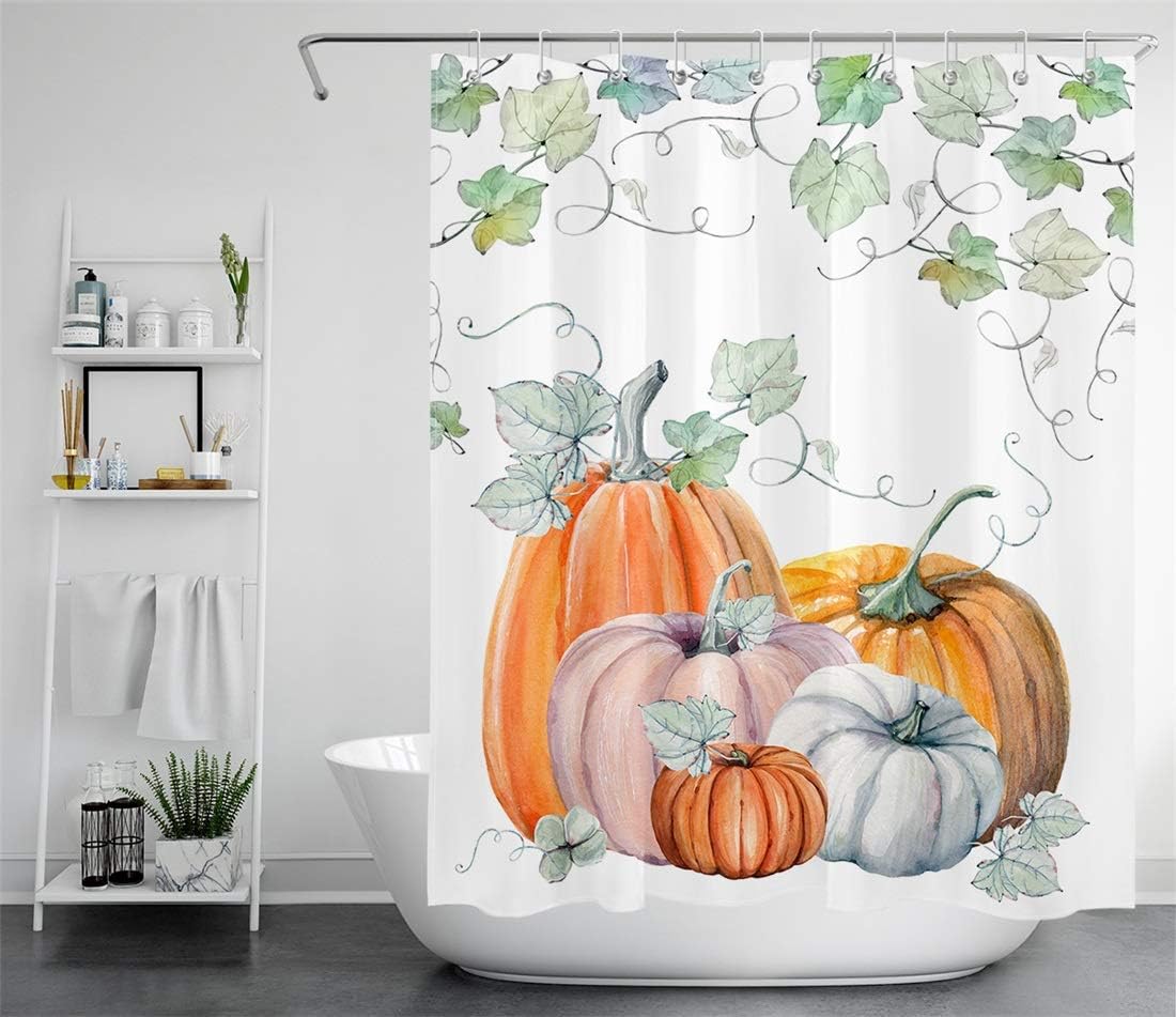 Fall Pumpkin Watercolor Shower Curtain for Thanksgiving Harvest Bathroom