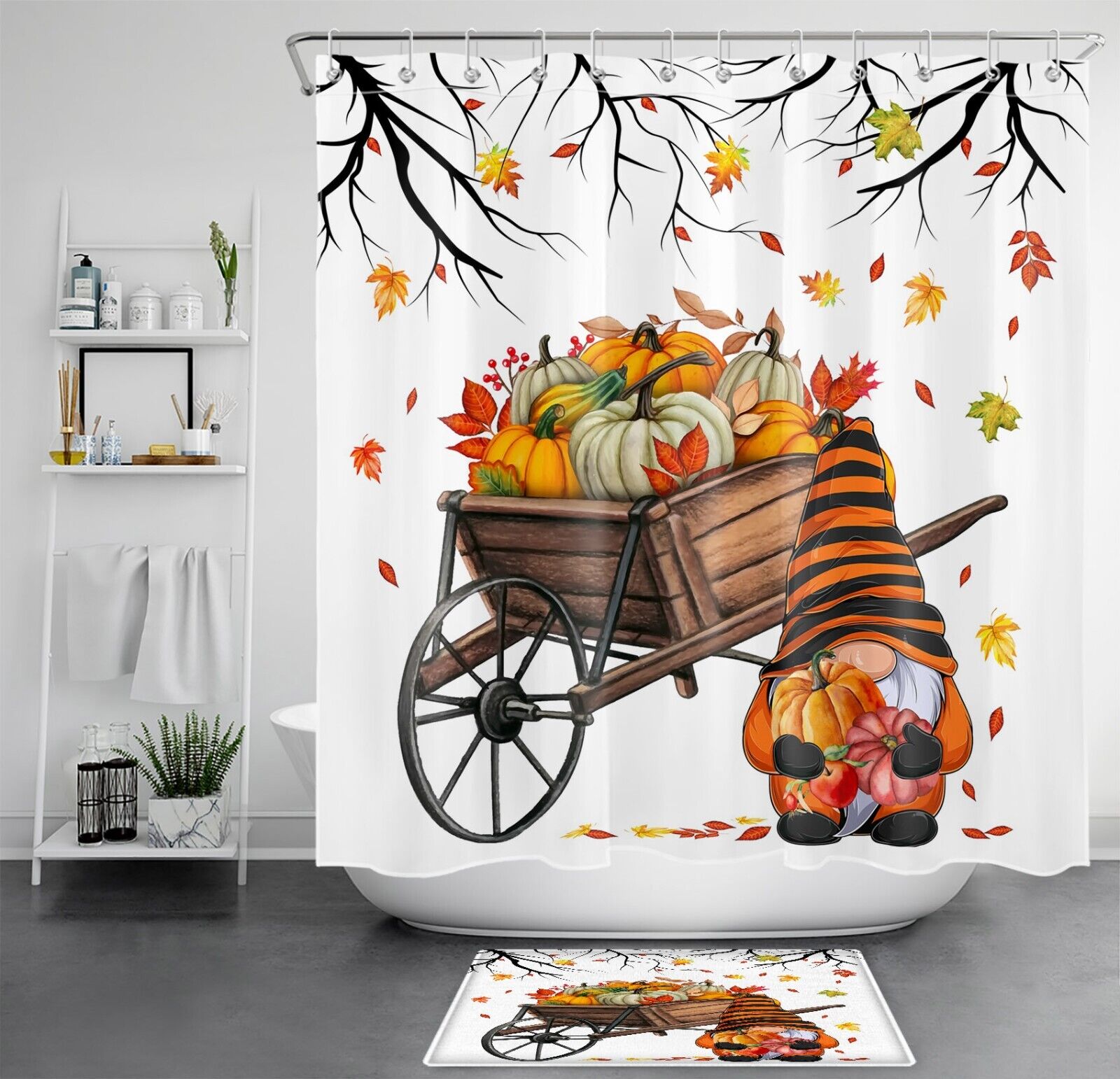 Fall Shower Curtain With Maple Leaf Pumpkin Gnome For Farmhouse Bathroom Accessories