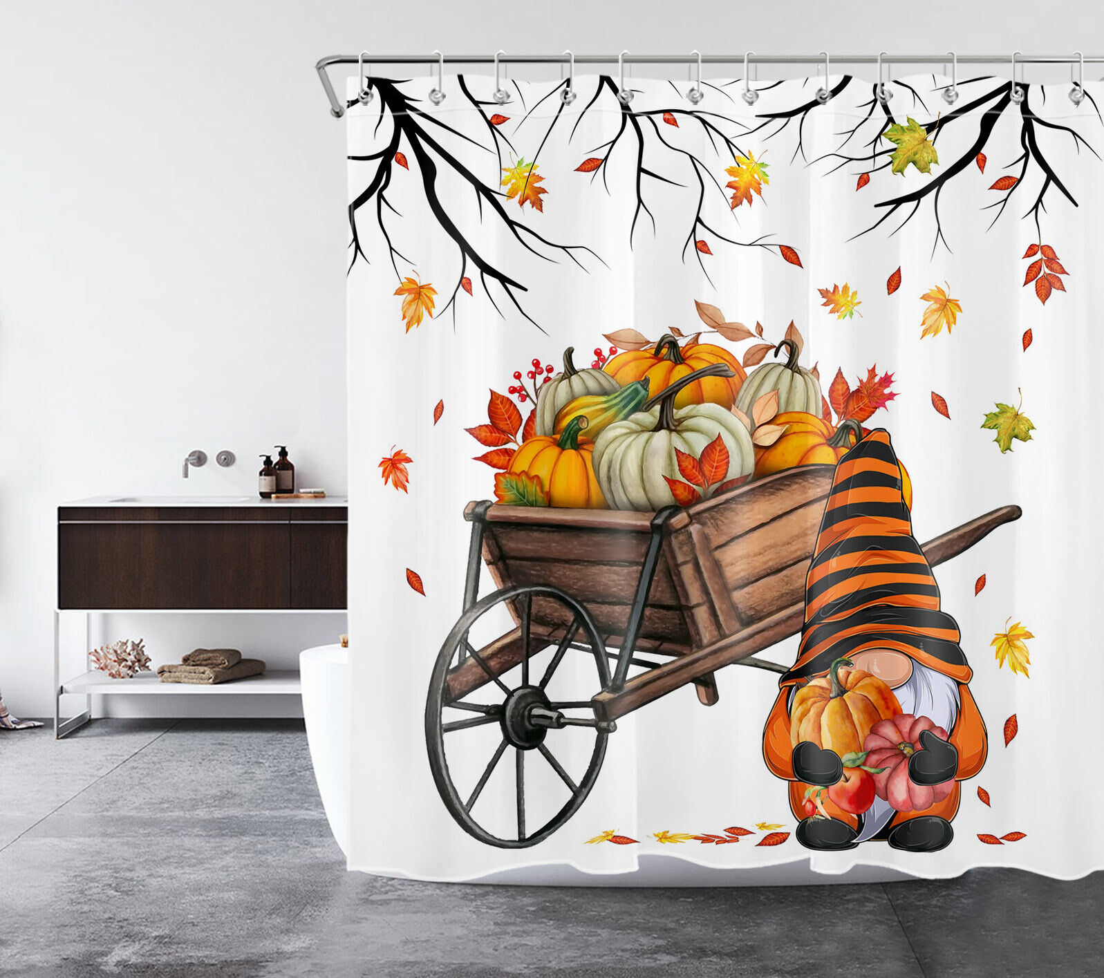 Fall Shower Curtain With Maple Leaf Pumpkin Gnome For Farmhouse Bathroom Accessories