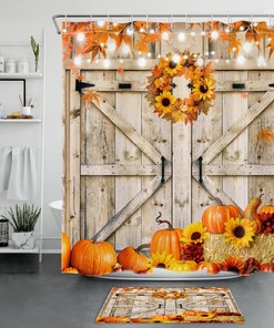 Fall Shower Curtain with Pumpkin, Sunflower, and Wreath design for a Cozy Autumn Bathroom
