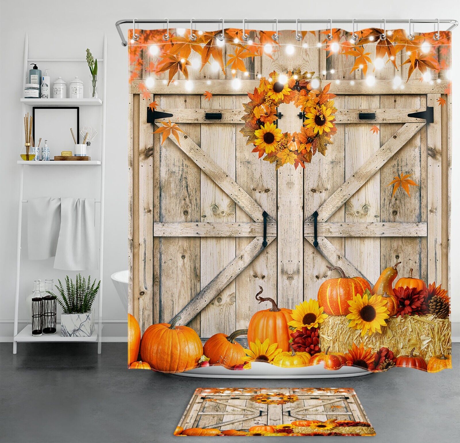 Fall Shower Curtain with Pumpkin, Sunflower, and Wreath design for a Cozy Autumn Bathroom