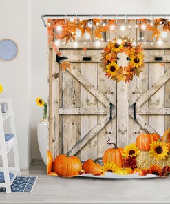 Fall Shower Curtain with Pumpkin, Sunflower, and Wreath design for a Cozy Autumn Bathroom