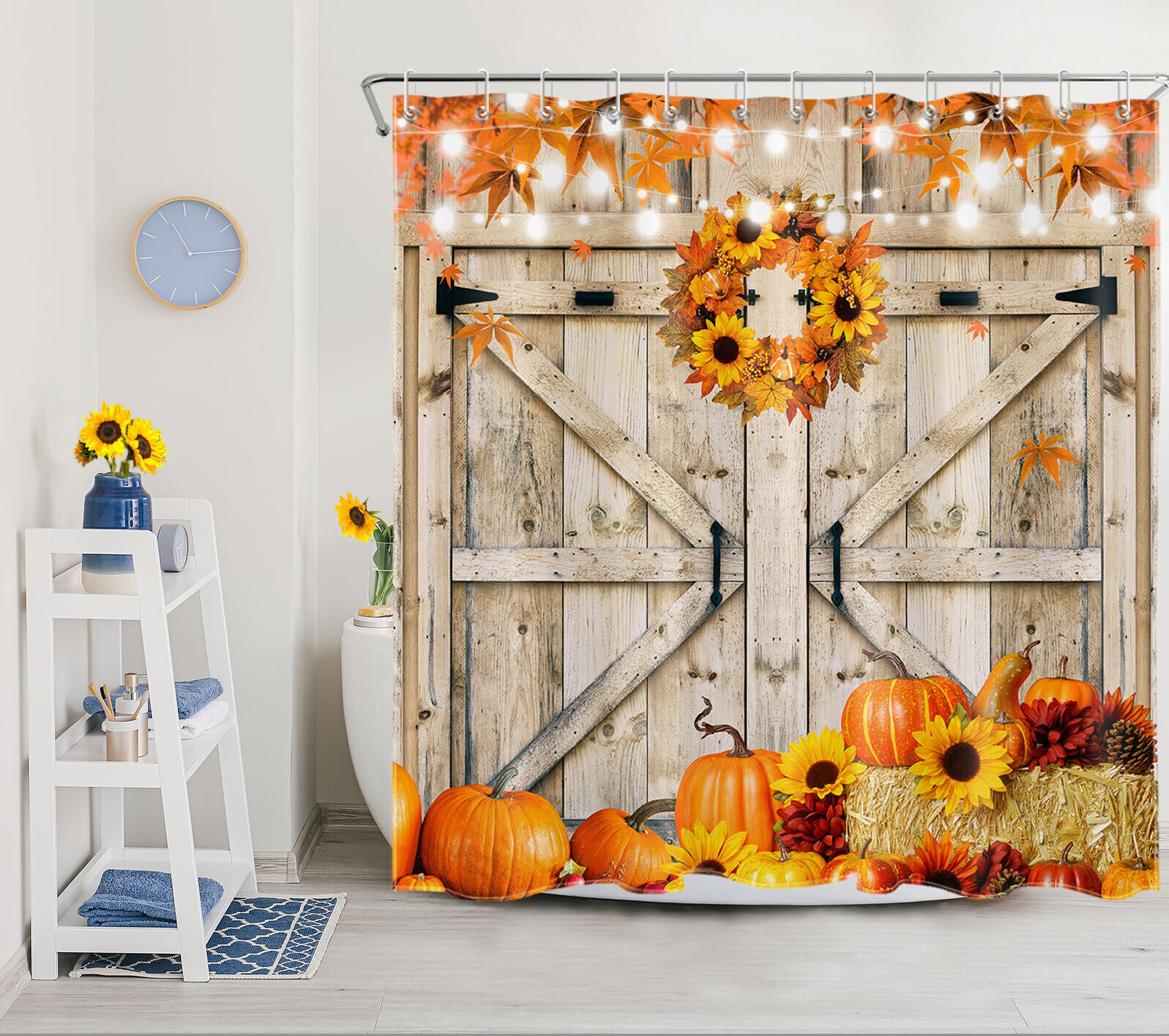Fall Shower Curtain with Pumpkin, Sunflower, and Wreath design for a Cozy Autumn Bathroom