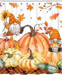 Fall Shower Curtain with Pumpkins, Gnomes, and Leaves for a Cozy and Farmhouse Style Bathroom Decoration.