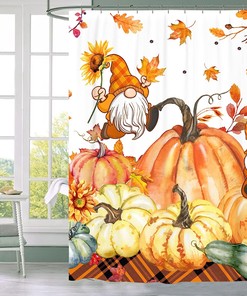 Fall Shower Curtain with Pumpkins, Gnomes, and Leaves for a Cozy and Farmhouse Style Bathroom Decoration.