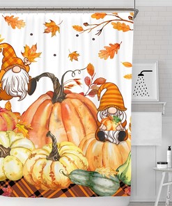 Fall Shower Curtain with Pumpkins, Gnomes, and Leaves for a Cozy and Farmhouse Style Bathroom Decoration.