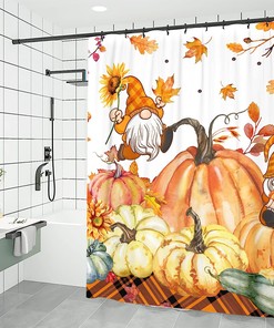 Fall Shower Curtain with Pumpkins, Gnomes, and Leaves for a Cozy and Farmhouse Style Bathroom Decoration.