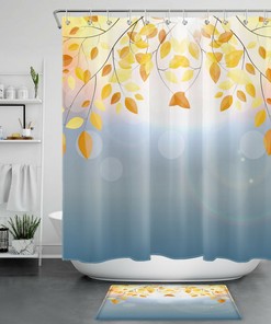 Fall Thanksgiving Yellow Leaf Shower Curtain With Abstract Sun Design For Autumnal Bathroom Decor