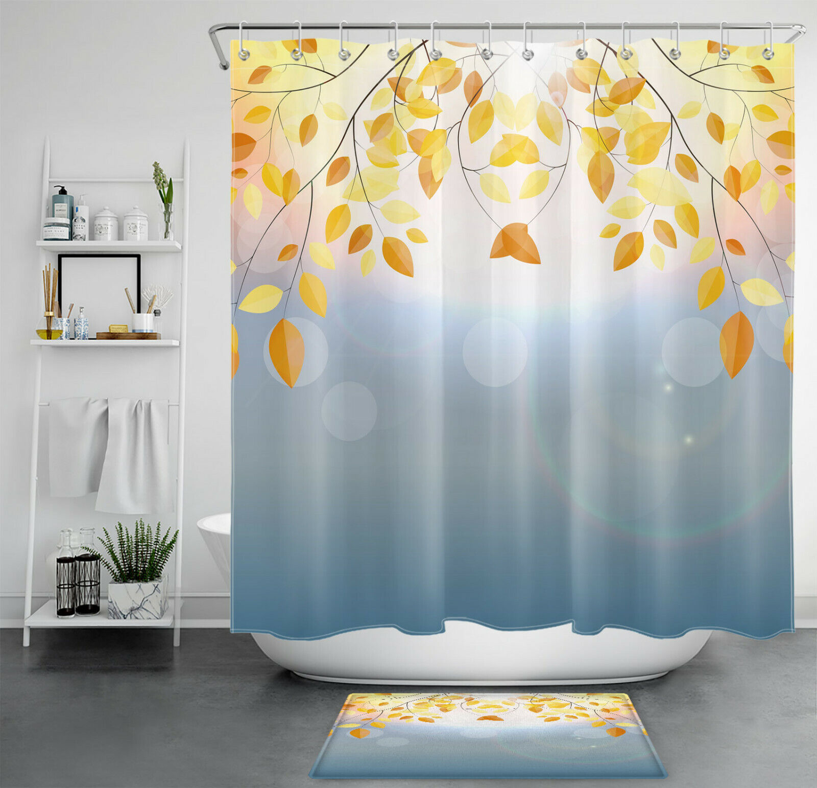 Fall Thanksgiving Yellow Leaf Shower Curtain With Abstract Sun Design For Autumnal Bathroom Decor