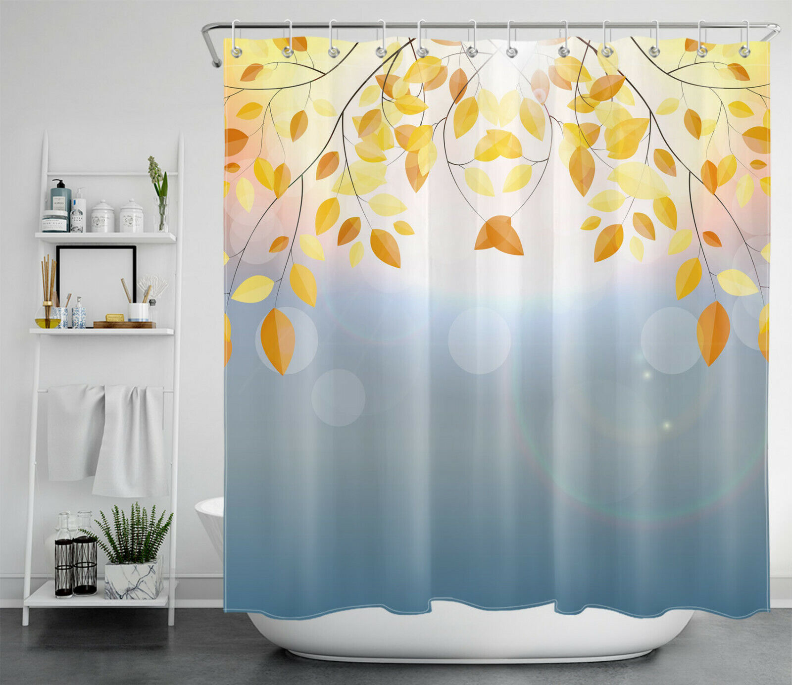 Fall Thanksgiving Yellow Leaf Shower Curtain With Abstract Sun Design For Autumnal Bathroom Decor - Image 2