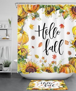 Fall Theme Harvest Shower Curtain with Maple Leaves and Sunflowers, Waterproof and Seasonal Decor