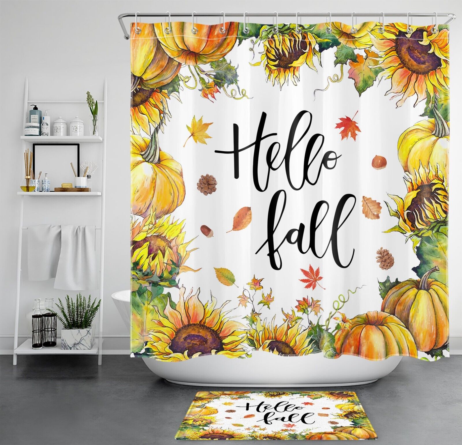Fall Theme Harvest Shower Curtain with Maple Leaves and Sunflowers, Waterproof and Seasonal Decor