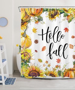 Fall Theme Harvest Shower Curtain with Maple Leaves and Sunflowers, Waterproof and Seasonal Decor