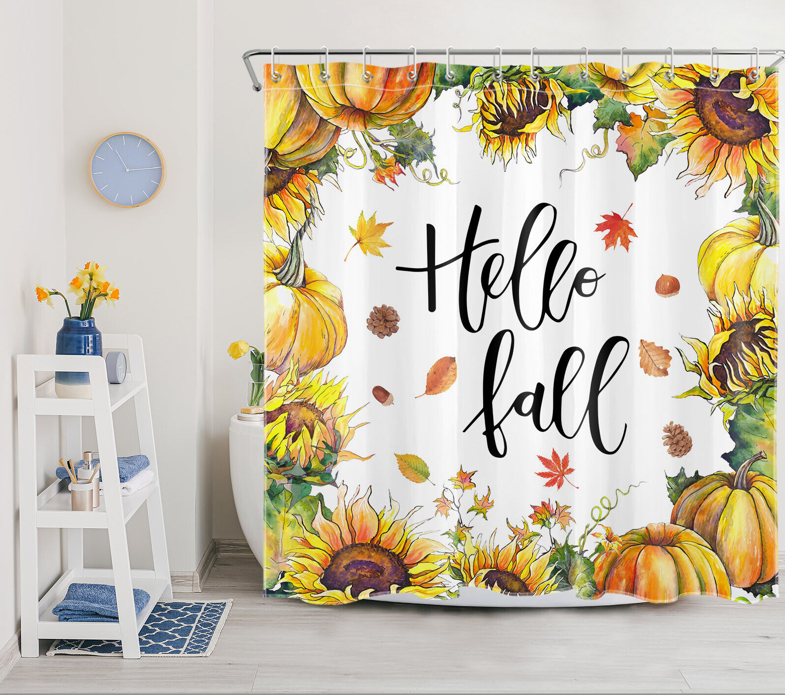 Fall Theme Harvest Shower Curtain with Maple Leaves and Sunflowers, Waterproof and Seasonal Decor