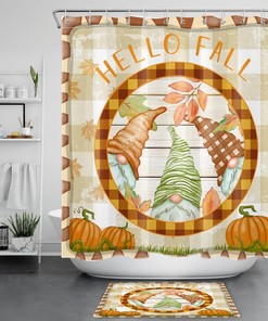 Fall Watercolor Shower Curtain Rustic Board Gnome Pumpkin Bathroom Decor