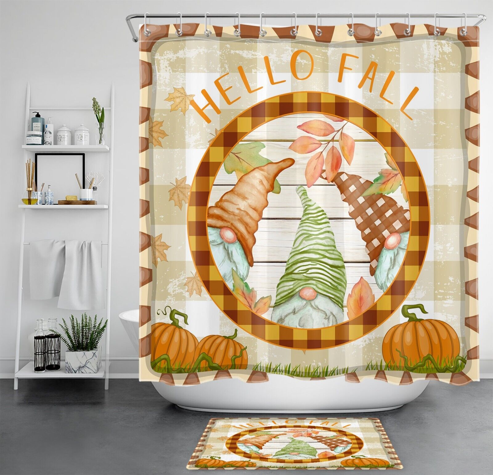 Fall Watercolor Shower Curtain Rustic Board Gnome Pumpkin Bathroom Decor