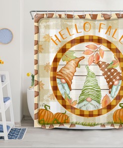 Fall Watercolor Shower Curtain Rustic Board Gnome Pumpkin Bathroom Decor