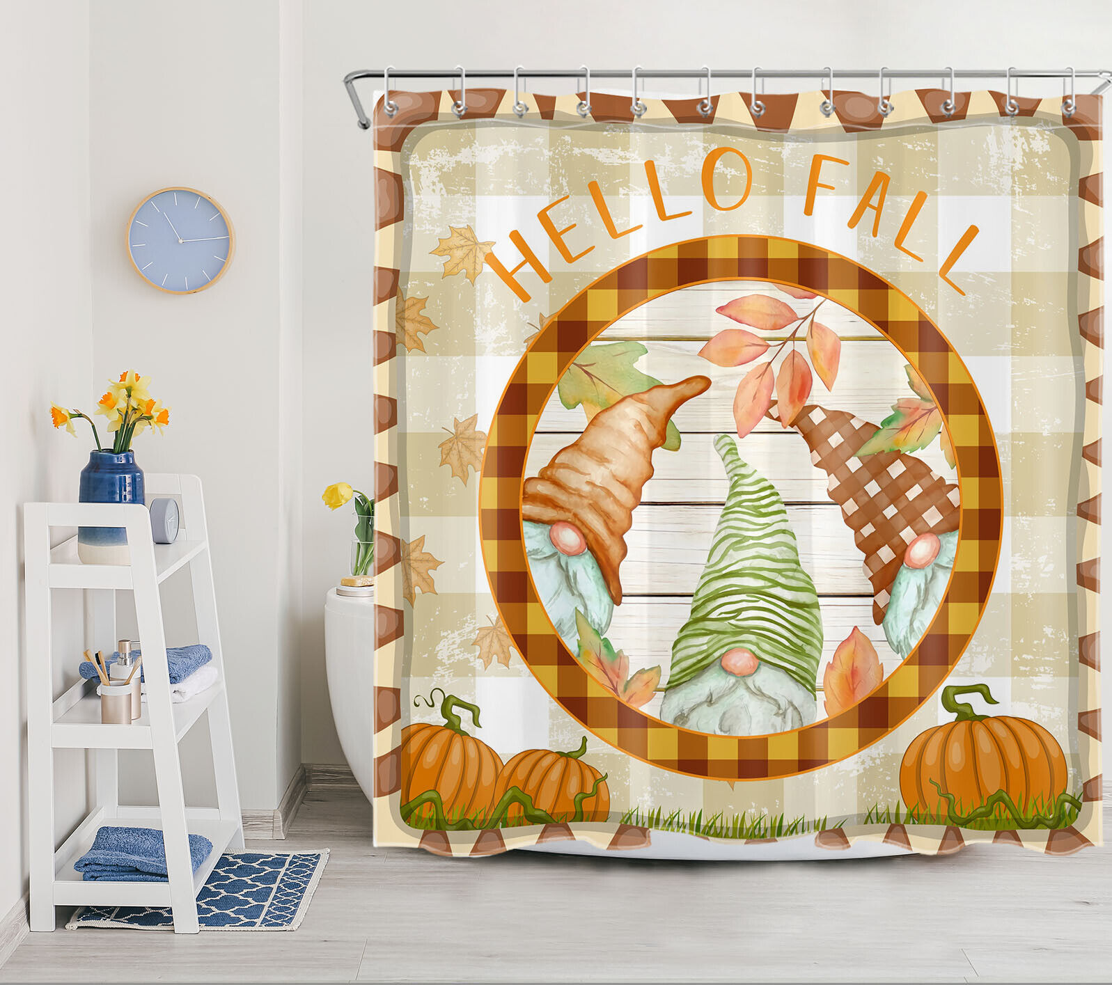 Fall Watercolor Shower Curtain Rustic Board Gnome Pumpkin Bathroom Decor