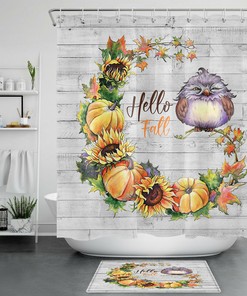 Fall-Inspired Shower Curtain With Pumpkins, Sunflowers, Owls, And Leaves For A Rustic Bathroom Decor