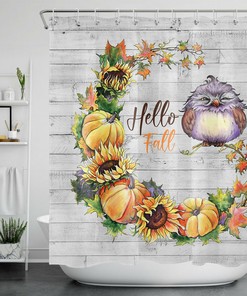 Fall-Inspired Shower Curtain With Pumpkins, Sunflowers, Owls, And Leaves For A Rustic Bathroom Decor