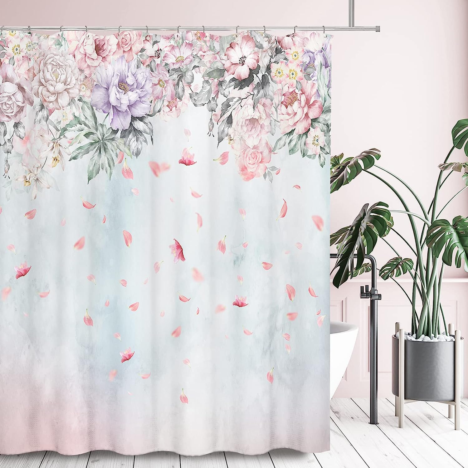 Falling Lilac Pink Rose Blossoms Shower Curtain, Romantic Floral Bathroom Decor Waterproof Fabric