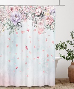 Falling Lilac Pink Rose Blossoms Shower Curtain, Romantic Floral Bathroom Decor Waterproof Fabric