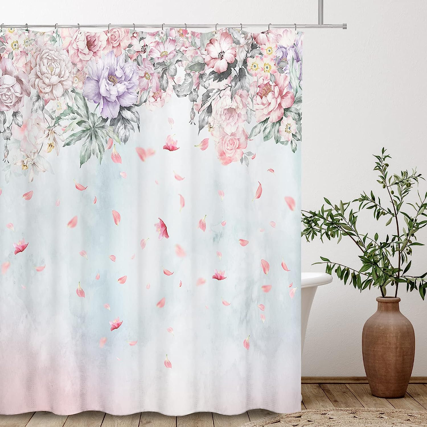 Falling Lilac Pink Rose Blossoms Shower Curtain, Romantic Floral Bathroom Decor Waterproof Fabric