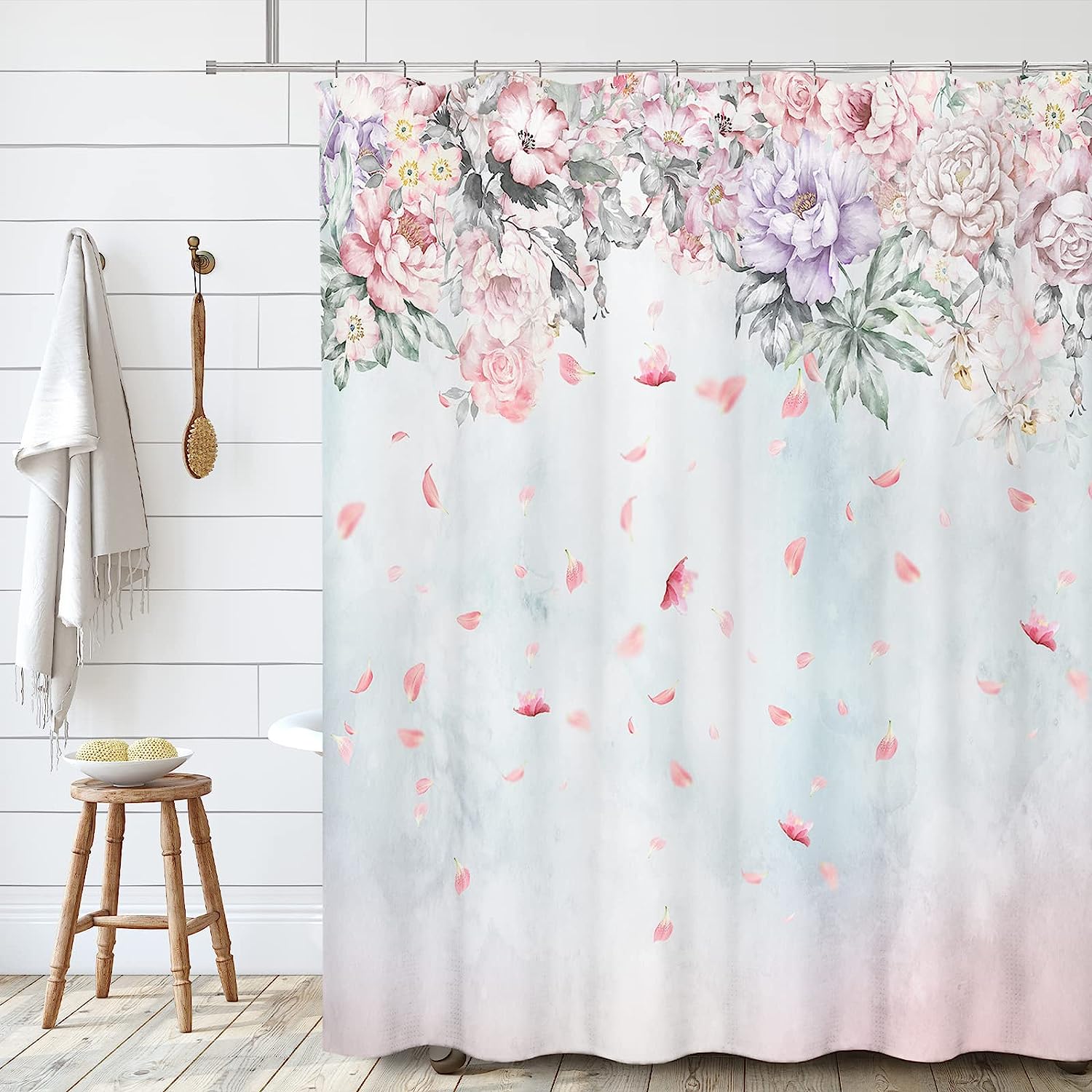 Falling Lilac Pink Rose Blossoms Shower Curtain, Romantic Floral Bathroom Decor Waterproof Fabric